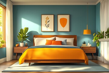 Modern Bedroom Interior Design with Blue Walls, Orange Accents, and Natural Light