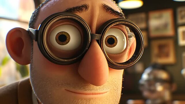 Close-up of a bespectacled man with a surprised expression in a cozy caf? filled with photographs