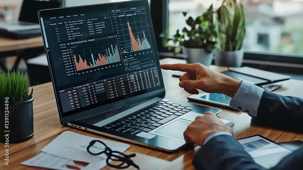 Aufkleber a person in a suit analyzes market data on a laptop, using a tablet. he also has paperwork on the de