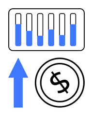 Bar chart with varying heights, upward blue arrow, and dollar coin suggest progress, income growth, success. Ideal for business, finance, economy strategy performance profit investment. Flat