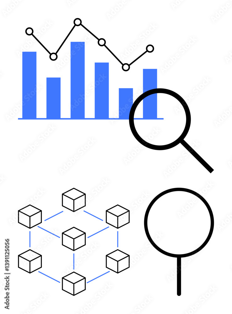 Aufkleber bar chart with line graph overlay, network of connected cubes, two magnifying glasses. ideal for ana