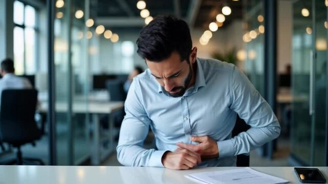 Young adult latino businessman with intense chest pain working in the office, clutching his chest and bending over desk while breathing with difficulty, stressed man on his 30s having a heart attack