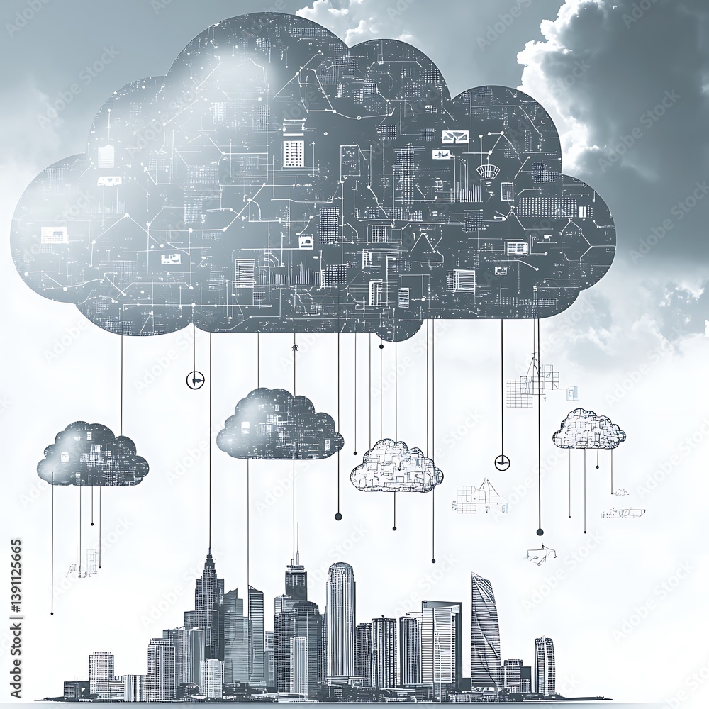 Aufkleber cloud computing services over a city. connected digital infrastructure providing data storage and ac