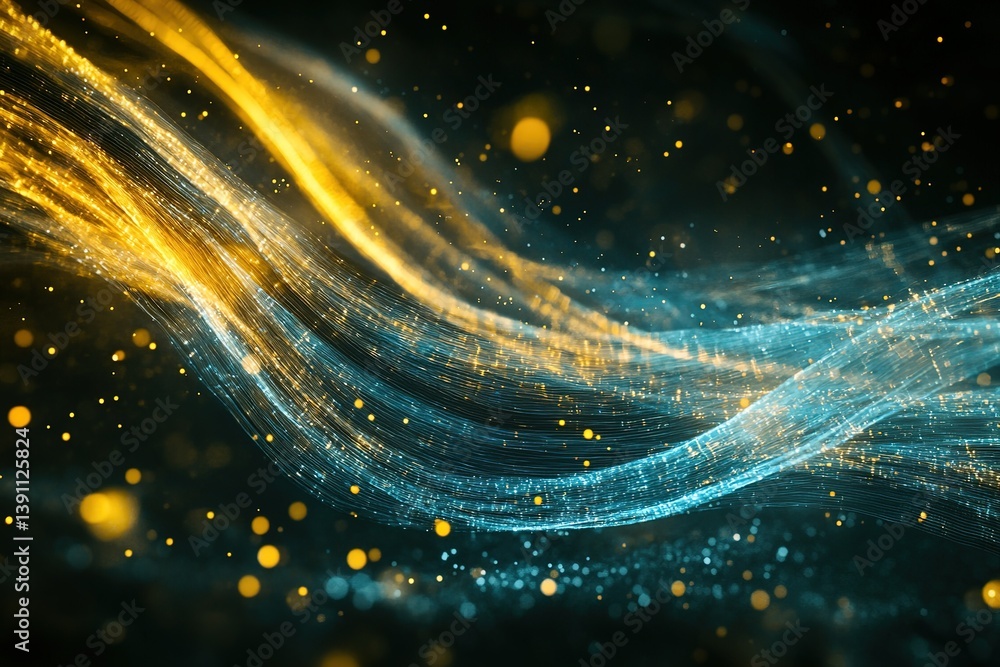 Aufkleber abstract data stream: golden and teal light waves with sparkling particles on dark