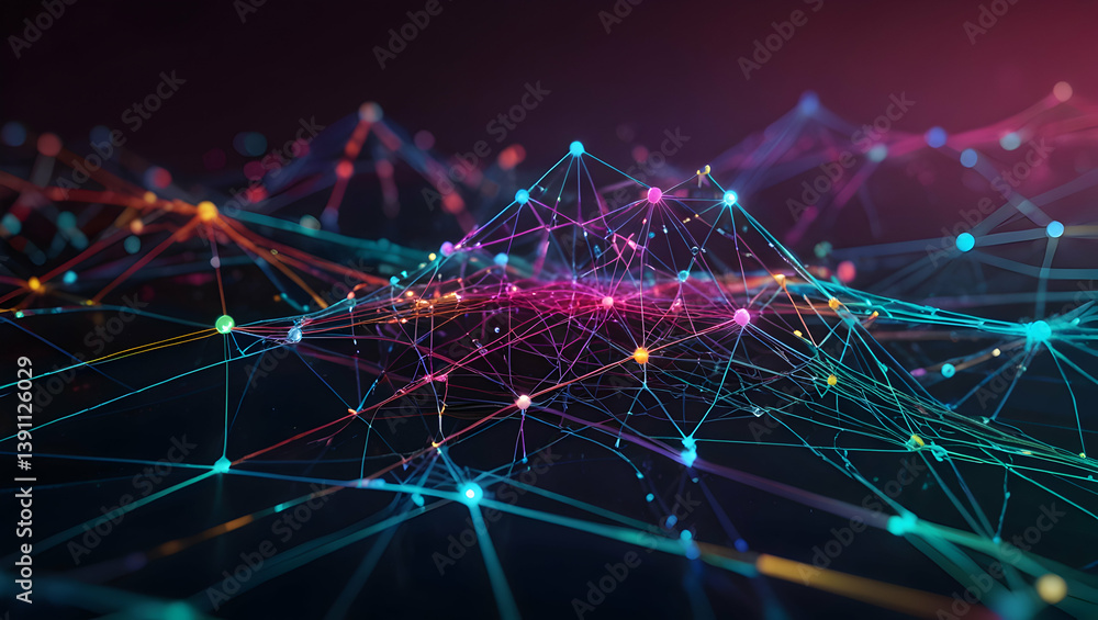 Aufkleber abstract network colorful nodes linked lines dark background
