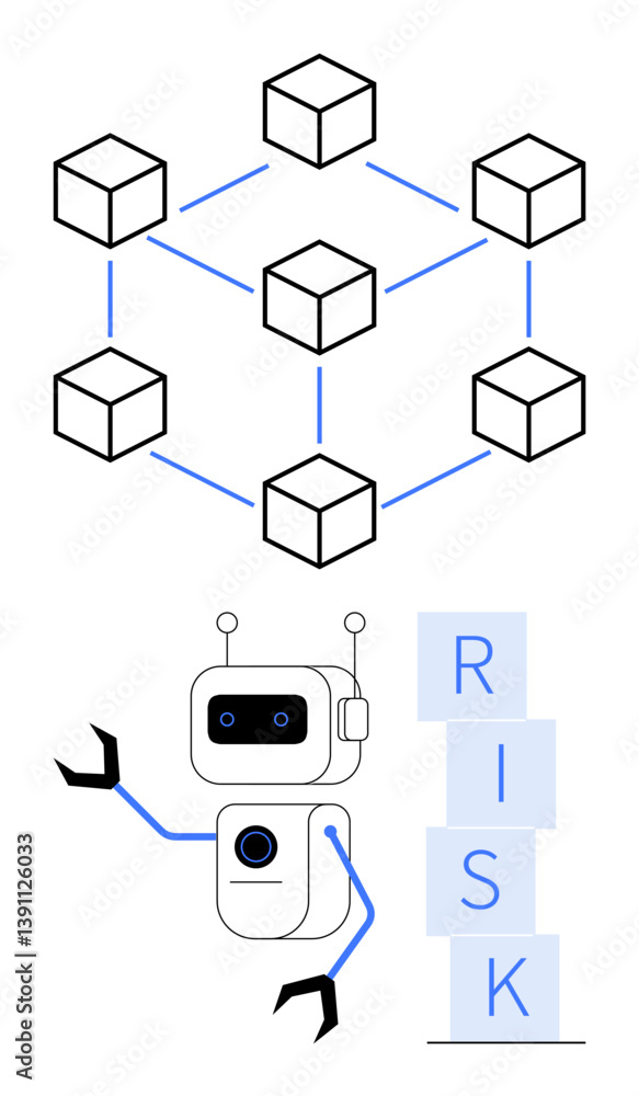 Poster blockchain network diagram connected by cubes and robot analyzing stacked risk letters. ideal for te
