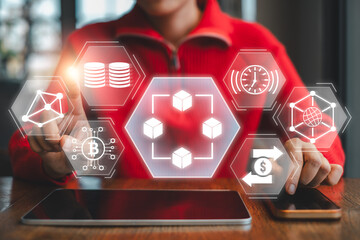 Visual representation of blockchain technology with digital icons and cryptocurrency symbols, illustrating modern financial innovation.