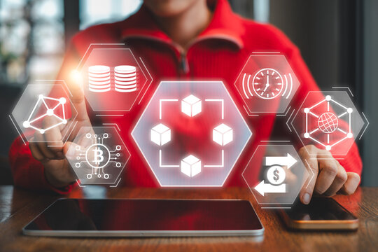 Visual representation of blockchain technology with digital icons and cryptocurrency symbols, illustrating modern financial innovation.