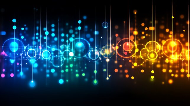 Abstract colorful light streaks and glowing circles on dark background.