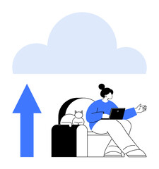 Woman sitting on a sofa holding a laptop, cat beside her, large blue upload arrow pointing to a cloud. Ideal for cloud storage, data sharing, remote work, digital life, technology, user interface