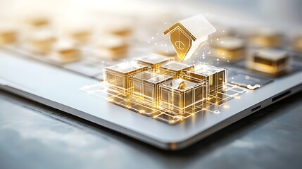 Digital real estate, property investment, and smart homes concept.  Modern technology and futuristic design depicted on a tablet