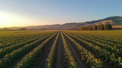 Sunflowers field at sunset, aerial view.