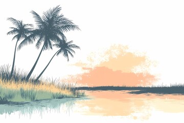 Obraz premium Tranquil Sunset Over Tropical Lake with Palm Trees and Serene Reflections: A Scenic Illustration for Nature-Inspired Travel Destinations