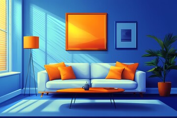 Modern Interior Design: Cozy Living Room with Blue and Orange Accents, Minimalist Furniture, and Artistic Decor