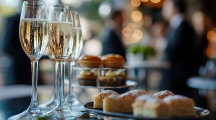 Glasses of champagne stand alongside a tray of pastries, suggesting a celebratory atmosphere at a political event, possibly marking a victory or successful negotiation