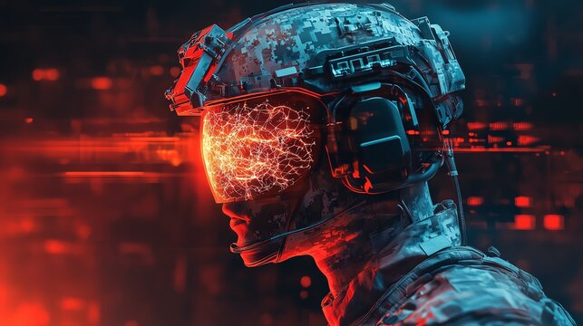Advanced military warfighter with glowing digital brain, neural pathways connecting to battlefield sensors, enhanced cognition, futuristic combat awareness