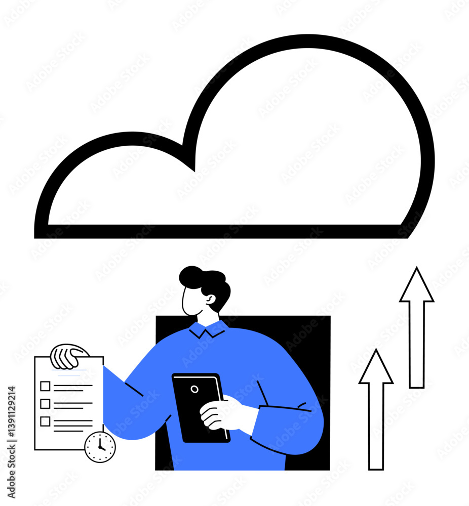Poster person holding tablet and checklist standing under a large cloud icon with arrows pointing upwards. 