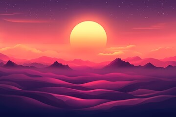 Fototapeta premium Majestic Sunset Sky Over Silhouetted Mountains: A Dreamlike Digital Abstract Illustration