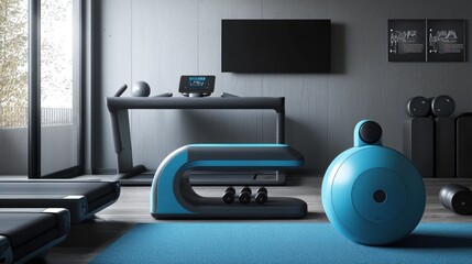 Modern home gym with treadmill, weights, and fitness equipment.