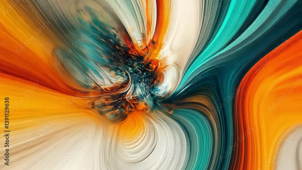 Poster abstract color flow: a dynamic, swirling cascade of vibrant hues erupts from the center, inviting vi