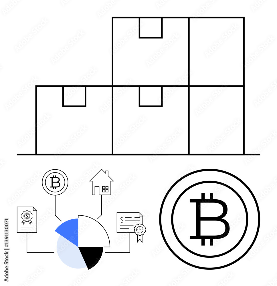 Poster stacked boxes represent supply chain. bitcoin coin and flowchart indicate cryptocurrency, blockchain