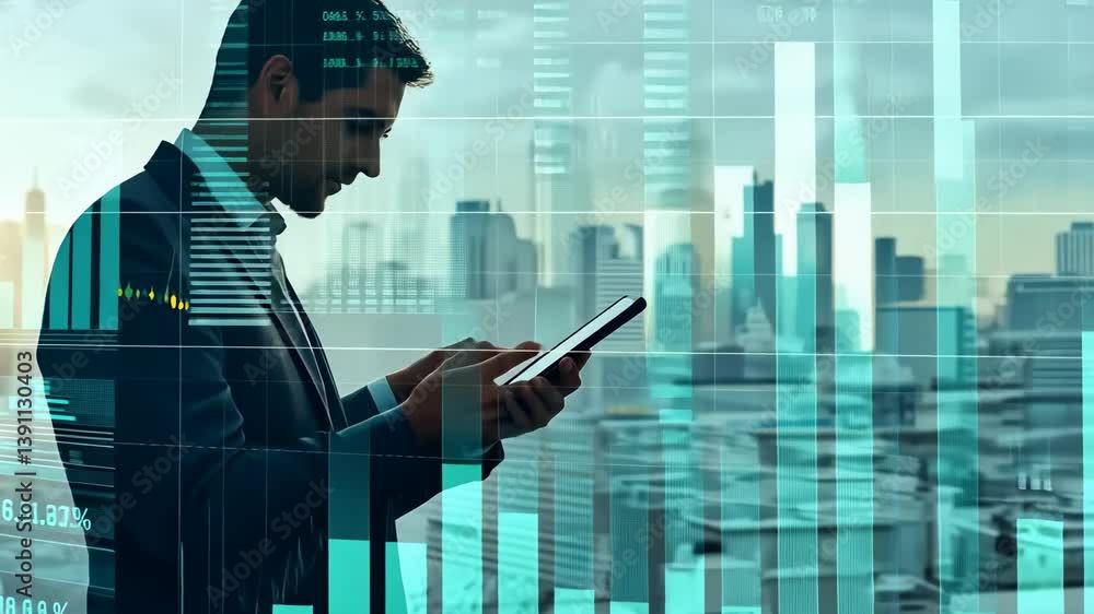 Poster a business executive is shown using a mobile device against the backdrop of a city skyline. overlaid