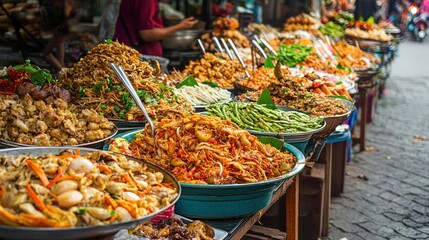 Fototapeta premium Vibrant Asian street food market with various dishes.
