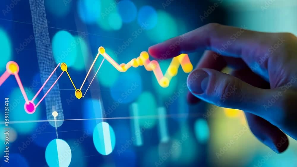 Poster A hand gestures towards digital presenting dynamic stock market chart. The scene is bathed blue bokeh, highlighting data analysis , tech finance. Modern investment strategies are visually symbolized.