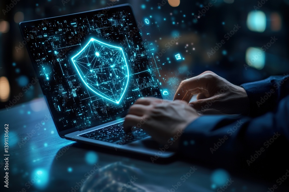 Poster cybersecurity protection on laptop with digital shield data defense against hacking