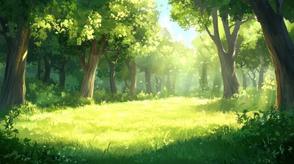 Fototapeta premium Sunlit forest clearing with lush green grass and tall trees.