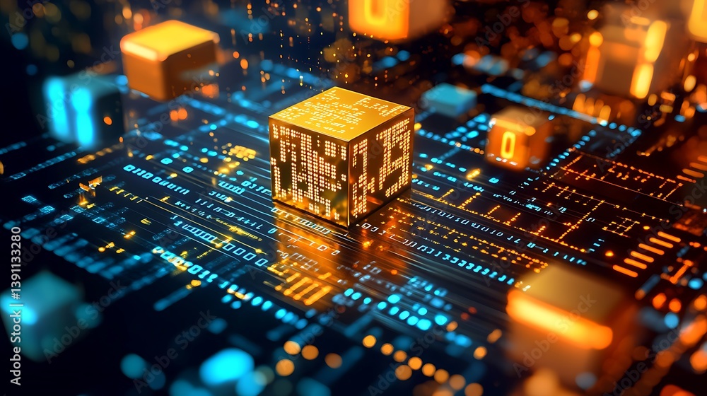 Poster digital circuit with glowing golden cube. complex, intricate network of technological components