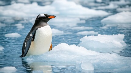 Obraz premium Penguin on ice floe in cold waters, floating bird in harsh climate, wildlife conservation and protection concept