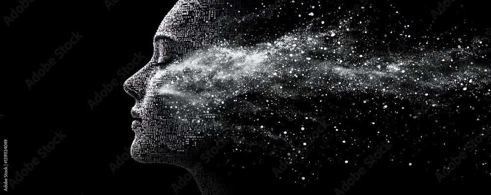 Poster futuristic digital human head profile dissolving into binary code and floating data fragments, surre