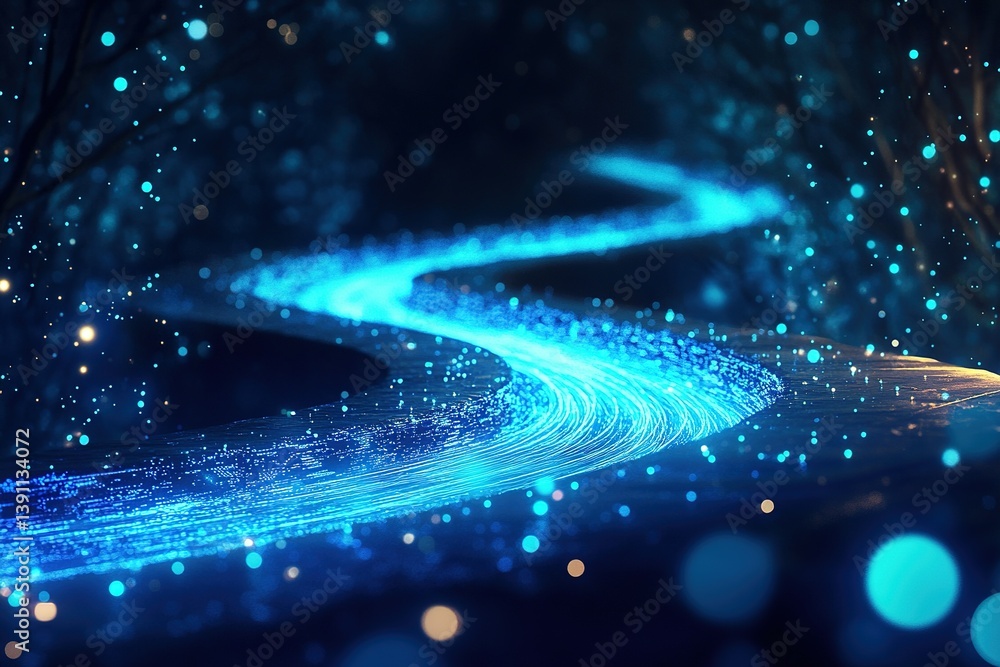 Poster digital stream: flowing light in a dark landscape connectivity & data visualization