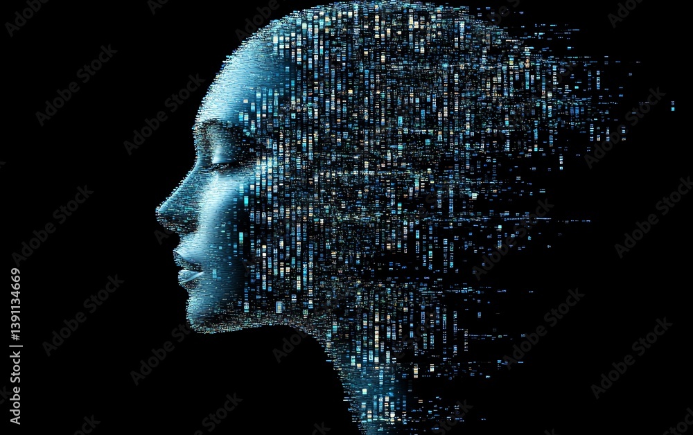 Aufkleber Digital human head dissolving into a cloud of glowing pixels and data streams, abstract AI concept, modern cyberfuturism style