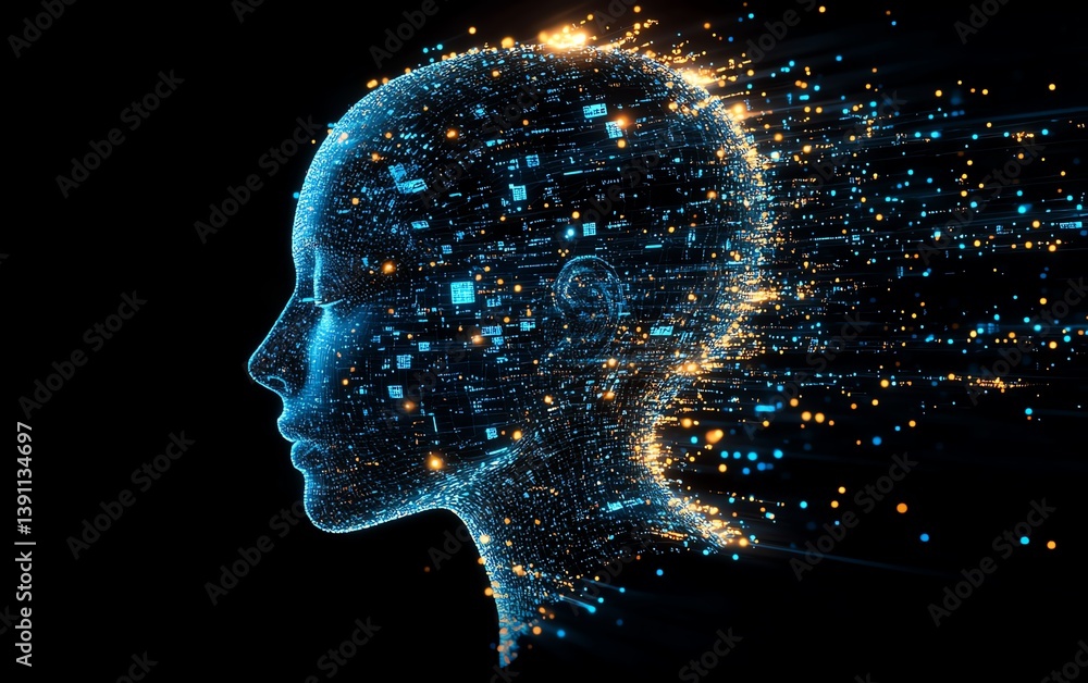 Poster Digital human head dissolving into a cloud of glowing pixels and data streams, abstract AI concept, modern cyberfuturism style
