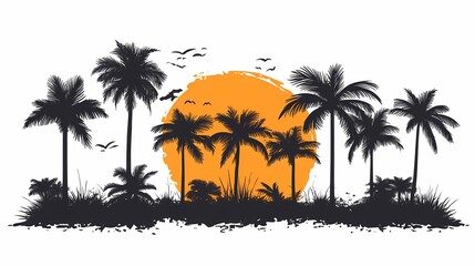 Fototapeta premium Exotic Tropical Sunset Vector Illustration - Palm Trees Silhouette on Serene Beach Landscape