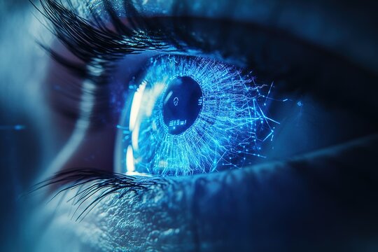 Futuristic Eye: A close-up of an eye augmented with advanced technological elements