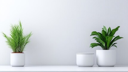 Two potted green plants on a white shelf against a minimalist light gray wall, and showcasing modern interior design and natural decor elements.