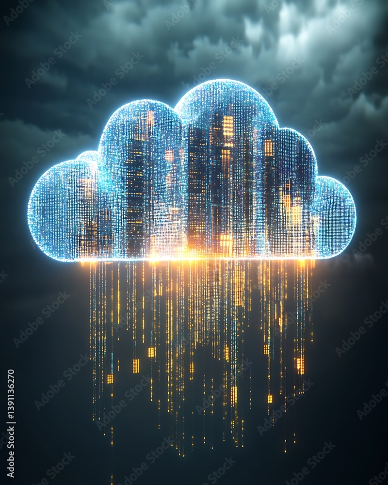 Aufkleber digital cloud computing. data flowing from a city-shaped cloud