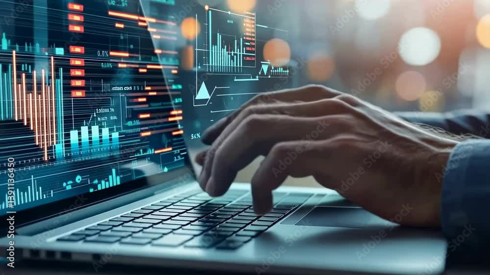 Poster close-up shot hands typing laptop keyboard, screen displaying complex financial data charts, graphs,
