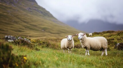 Obraz premium Two sheep graze in a misty green highland pasture.
