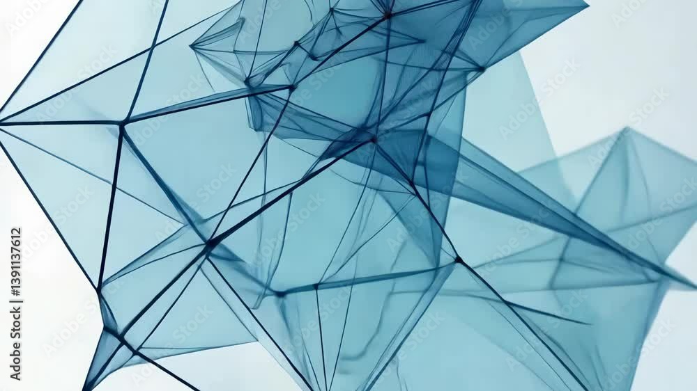 Poster This abstract composition features translucent blue geometric planes connected fine lines. The design creates sense depth , complexity against neutral background. The light enhances its ethereal
