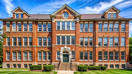 Fototapeta premium American School Building with Brick Facade and Multiple Windows, historic school building, educational institution