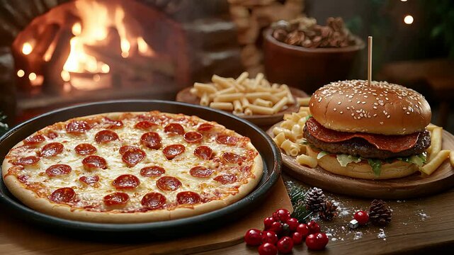 Delicious Pepperoni Pizza, Burger with Fries, and Festive Setting Near Cozy Fireplace, Perfect Comfort Food

