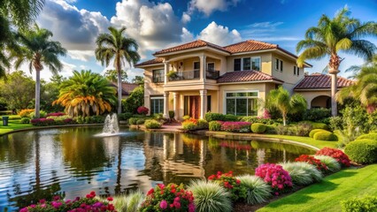 Fototapeta premium A two-story luxury house with a sprawling landscaped garden and serene water features surrounded by lush greenery and vibrant tropical flowers in Florida, landscaped garden, florida