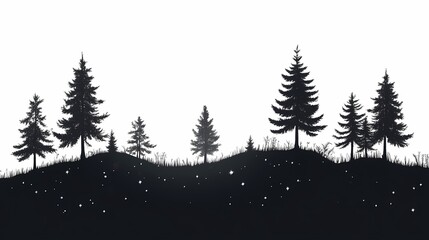 Fototapeta premium Tranquil Forest Silhouette: Artistic Black and White Pine Trees and Wilderness Night Sky Landscape
