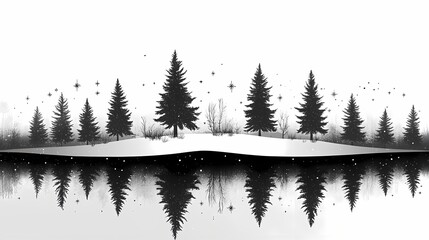 Winter Forest Silhouettes: Black and White Snowy Landscape Reflection - Tranquil Holiday Season Visual Art