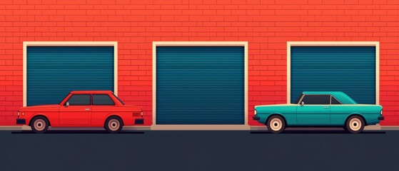 Fototapeta premium Two classic cars parked in front of blue garage doors on a red brick wall.