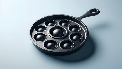 Cast iron takoyaki maker with multiple round sections, cleanly styled on blue background. Perfect for culinary product photography. 3D rendering.